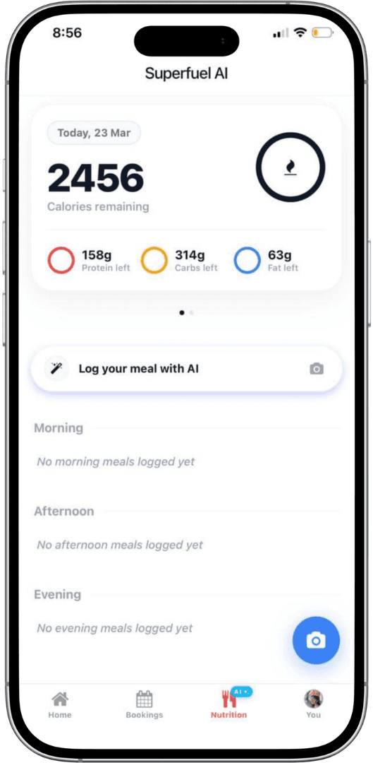 SuperFuel AI meal capture and nutrition analysis view